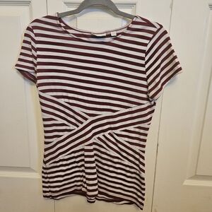 New York & Company Burgundy and White Striped Twist-Front Tee